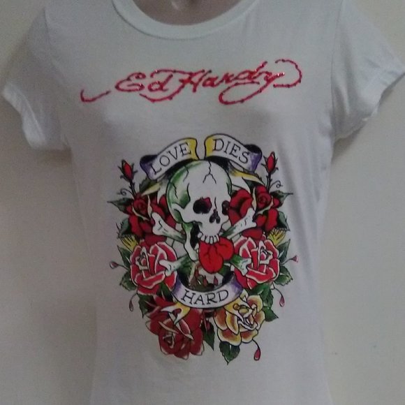 Ed Hardy White Short Sleeve with Rhinestones "Love Dies Hard" T-shirt - Picture 3 of 13